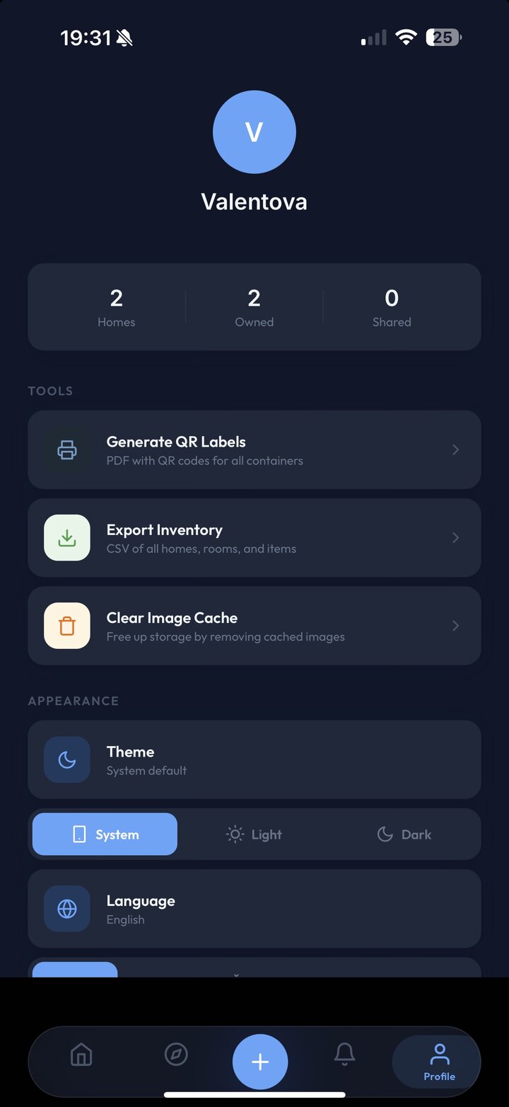 Profile and tools: QR labels, export, theme and language